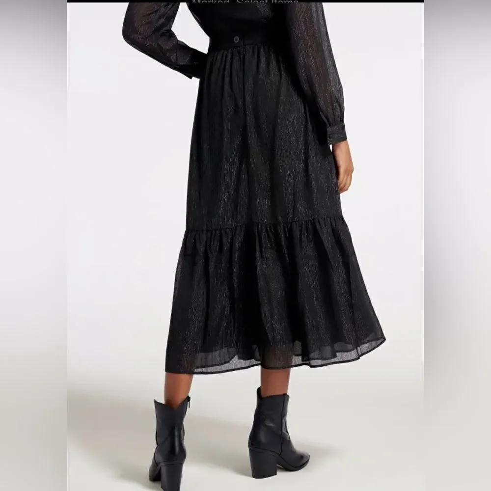 Modcloth Shimmering Rainfall Metallic Midi Skirt Tier Aline Black AU 12 US 8 NWT